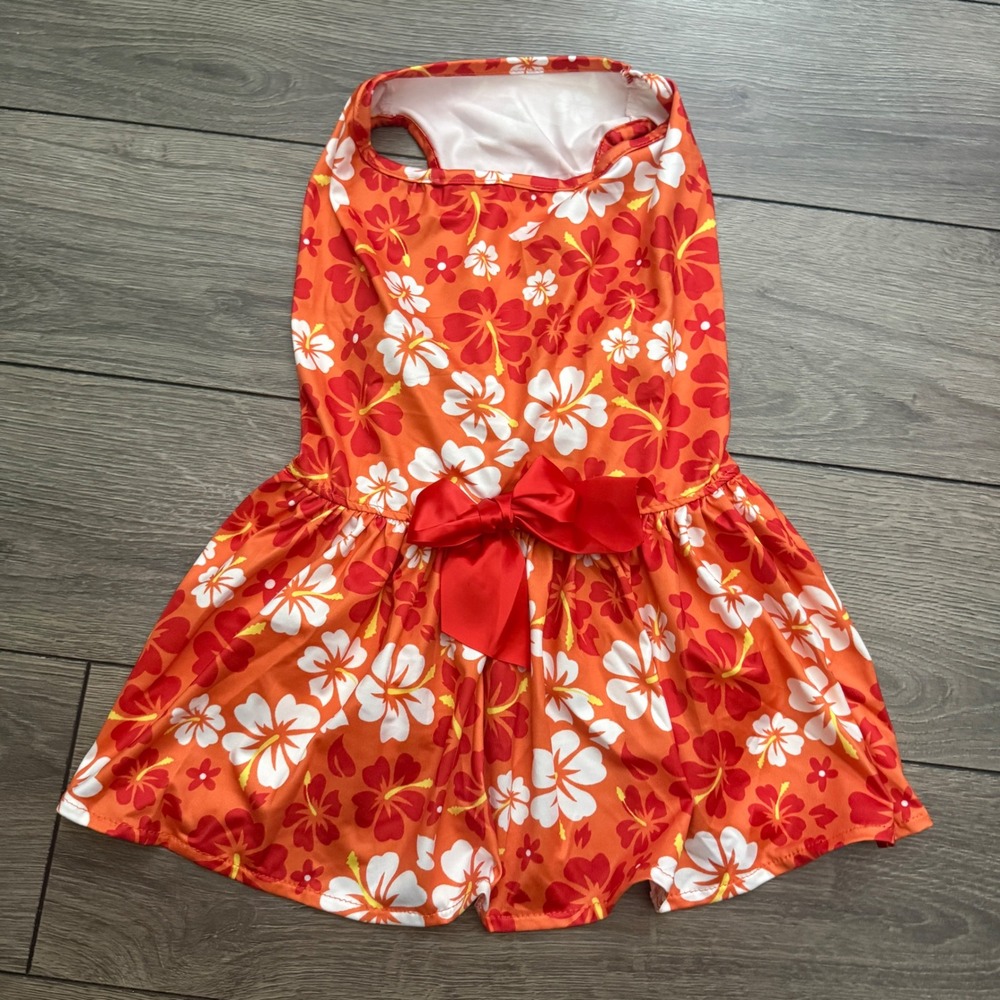 Orange Hibiscus Floral Dog Dress Tropical Pet Summer Clothes with Red Bow